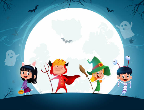 ilustrações de stock, clip art, desenhos animados e ícones de group of cartoon kids in halloween - friends color background