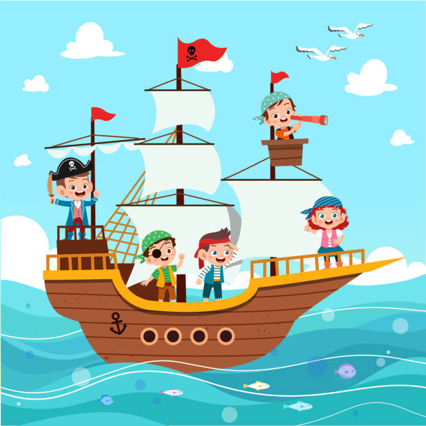 Group of cartoon pirates on a ship at the sea Group of cartoon pirates on a ship at the sea sword beach stock illustrations