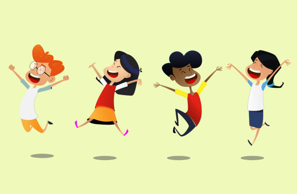 Group of cartoon school children jump for joy. vector art illustration