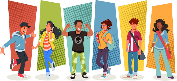Group of cartoon young people.