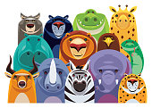 vector illustration of group of cheerful safari animals