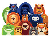 vector illustration of group of cheerful wild animals gathering