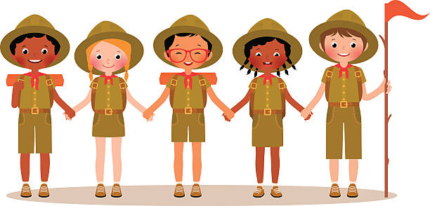 Group of children boys and girls scouts in the uniform Stock Vector cartoon illustration of a group of scouts children boys and girls in summer children camp boy scout camping stock illustrations