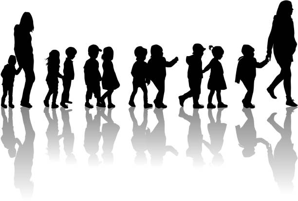 Group of children on a walk. Group of children on a walk. teacher silhouettes stock illustrations