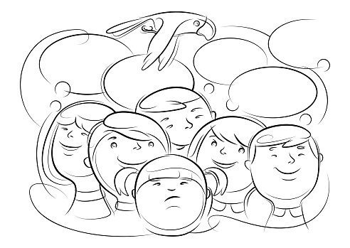 group of children thinking lines drawing