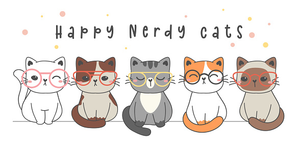 group of cute happy smart nerd cat wearing glasses, cute pet animal cartoon drawing vector greeting card banner