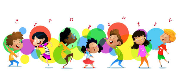 Group of dancing cartoon children. vector art illustration