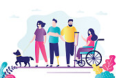 Group of different persons with disabilities. Female character sitting in wheelchair.  Various disabled people set. Blind woman with dog escort. Handsome man with prosthesis. Vector illustration