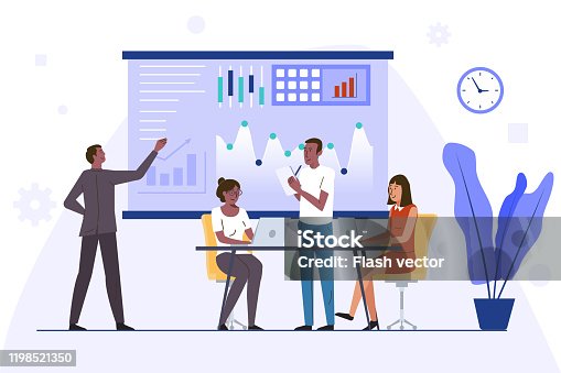 istock Group of diverse colleagues using laptops and making notes while analyzing charts on board while working in office together. 1198521350