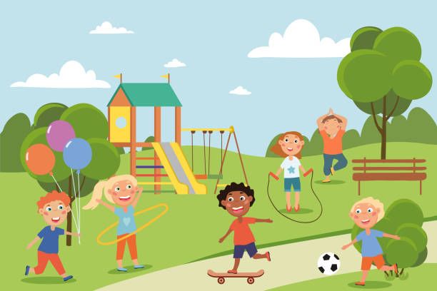ilustrações de stock, clip art, desenhos animados e ícones de group of diverse young friends playing in a park - amigos jogo futebol