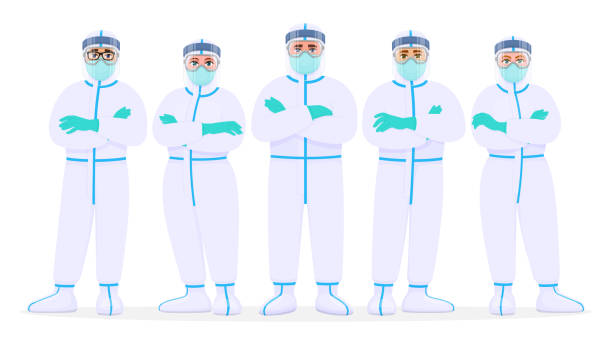 Group of doctors in protection suit, face shield, mask and goggles. Team of medical staffs with personal protective equipment. Physicians covering with safety coverall. Cartoon illustration in vector. Group of doctors in protection suit, face shield, mask and goggles. Team of medical staffs with personal protective equipment. Physicians covering with safety coverall. Cartoon illustration in vector. nurse face stock illustrations