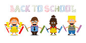istock Group of elementary school smile kids write colorful text Back to school on white background. Vector illustration 1331083444