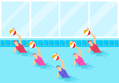 Group of female athletes doing water aerobics with a ball. Group aqua aerobics in swimming pool. Synchronized swimming and water aerobics. Vector illustration.