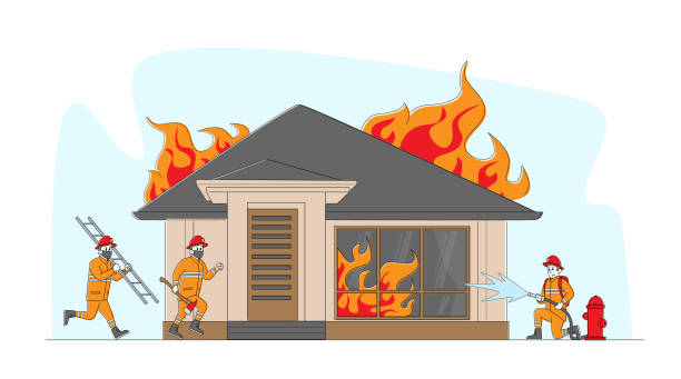 Group of Firemen Fighting with Blaze at Burning House. Characters Team in Firefighters Uniform Extinguish with Big Fire Group of Firemen Fighting with Blaze at Burning House. Male Characters Team in Firefighters Uniform Extinguish with Big Fire, Carry Ladder and Buckets with Water. Linear People Vector Illustration house fire stock illustrations