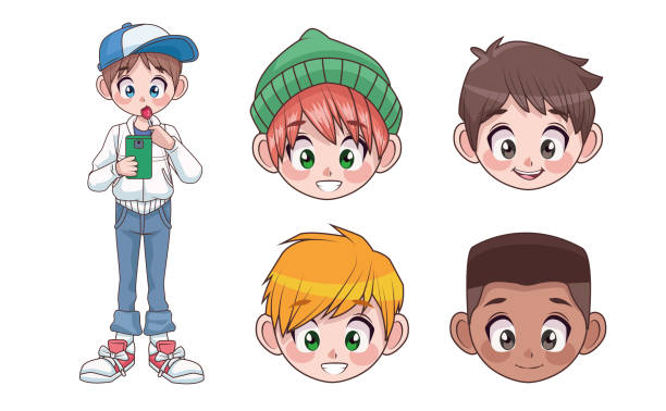 group of five young interracial teenagers boys kids heads characters group of five young interracial teenagers boys kids heads characters vector illustration design drawing of a cute little anime boy stock illustrations