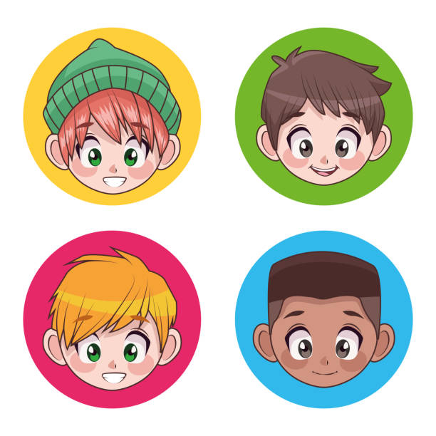 group of four young interracial teenagers boys kids heads characters group of four young interracial teenagers boys kids heads characters vector illustration design drawing of a cute little anime boy stock illustrations