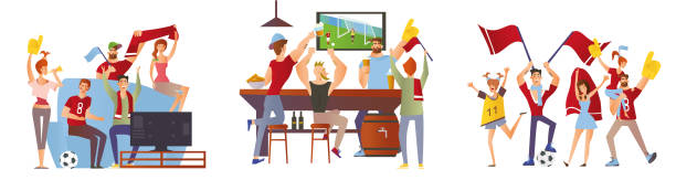 A group of friends, football fans cheering for their favourite football team. Men and women watch soccer at the stadium, in the bar and at home on TV. Vector illustration. A group of friends, football fans cheering for their favourite football team. Men and women watch soccer at the stadium, in the bar and at home on TV. Vector illustration set. cartoon of a stadium crowd stock illustrations