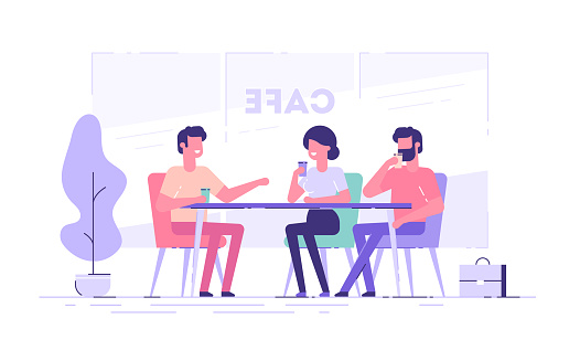 A group of friends or colleagues talking in a cafe. Flat vector illustration.
