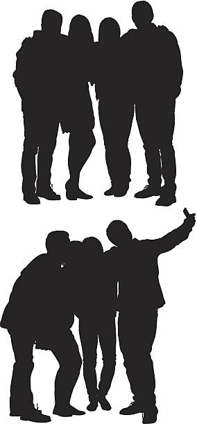 Group of friends standing together Group of friends standing togetherhttp://www.twodozendesign.info/i/1.png selfie silhouettes stock illustrations