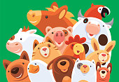 vector illustration of group of happy domestic animals