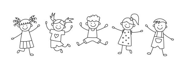 A group of happy jumping kids at a birthday party. Children in festive hats jump on a fun holiday. Hand drawn children drawing. Vector illustration isolated in doodle style on white background A group of happy jumping kids at a birthday party. Children in festive hats jump on a fun holiday. Hand drawn children drawing. Vector illustration isolated in doodle style on white background. stick figure stock illustrations