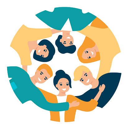 Group of happy people are standing in circle and hugging. Team of men and women. Concept of friendship, communication, business, unity, together. Vector illustration