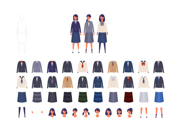 高校・中学校の女子高生制服のグループ。●異色の制服を着た女の子のベクトルイラスト。 - 勉強　日本人点のイラスト素材／クリップアート素材／マンガ素材／アイコン素材