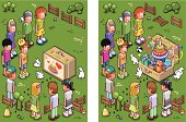 Boys and girls standing around a closed suitcase with heart and cake stickers on it and open suitcase with birthday cake, candle, present boxes, teddy bear, ball and party decoration popping out in a garden. Isometric illustration. AI 10 eps. 