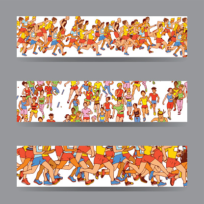 Group of Man and Women Marathon Runners. Vector Cards, Notes and Banners with People in a Running Race.