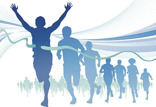 Group of Marathon Runners on abstract swirl background. Fully editable vector illustration of a group of marathon runners competing  in a street race on abstract swirl background. Hi-res Jpeg, PNG and PDF files included. running silhouettes stock illustrations