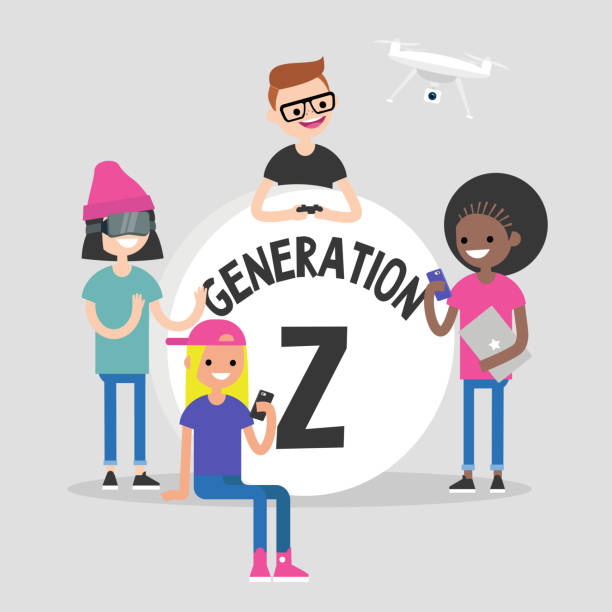 A group of millennial friends gathering around big "Generation z" sign. Gadgets. Modern lifestyle. Flat editable vector illustration, clip art  generation z stock illustrations