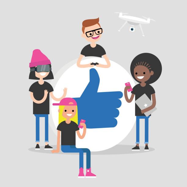 A group of millennial friends gathering around big "Thumbs up" sign. Gadgets. Modern lifestyle. Advanced users. Flat editable vector illustration, clip art A group of millennial friends gathering around big "Thumbs up" sign. Gadgets. Modern lifestyle. Advanced users. Flat editable vector illustration, clip art drone clipart stock illustrations