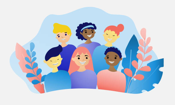 Group of multiracial adult people wearing braces. vector art illustration