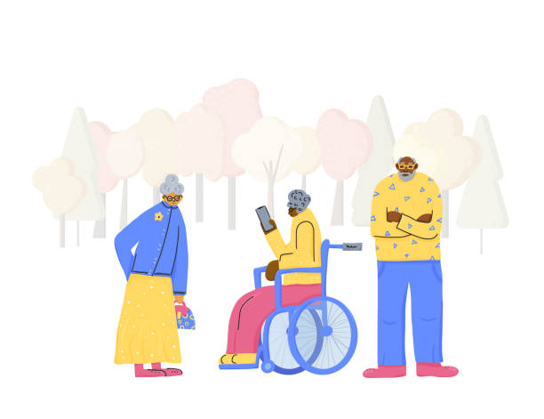 ilustrações de stock, clip art, desenhos animados e ícones de group of old people isolated. vector illustration. - wheelchair street happy