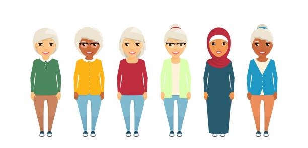 A group of old women. Set of different women, retirement age. A group of old women. Set of different women, retirement age. In flat style on white background. Cartoon. cartoon of a wrinkled old lady stock illustrations