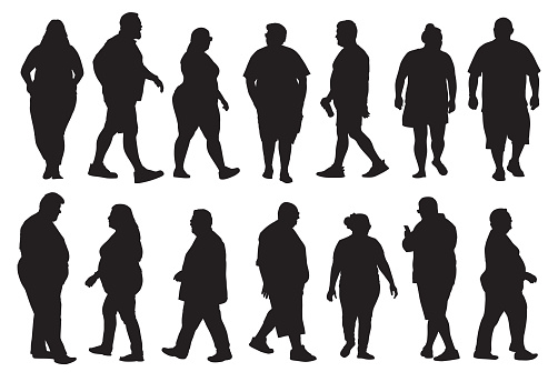 Vector silhouettes of fourteen different overweight people on a white background.