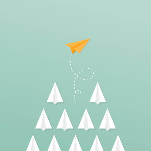 Group of paper planes flying. A yellow paper plane ahead of other paper planes. Concept of leadership, innovation, change, disruption, risk, competition, mission. Vector illustration, flat design Group of paper planes flying. A yellow paper plane ahead of other paper planes. Concept of leadership, innovation, change, disruption, risk, competition, mission. Vector illustration, flat design outside the box stock illustrations
