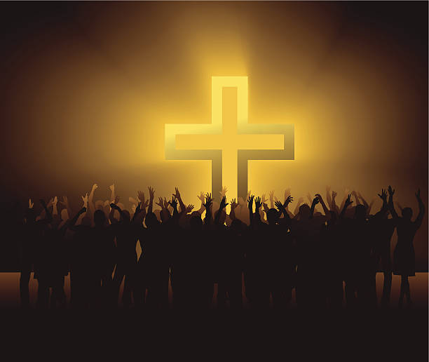 group of people around glowing Cross group of people around glowing Cross, eps 8 religious cross silhouettes stock illustrations