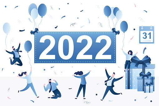 Group of people celebrating new 2022 year. Merry christmas, funny corporate party. Happy tiny businesspeople with gift boxes, balloons and confetti. 31 December, celebration event.