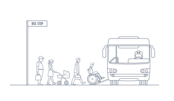 ilustrações de stock, clip art, desenhos animados e ícones de a group of people enters the city bus - wheelchair street