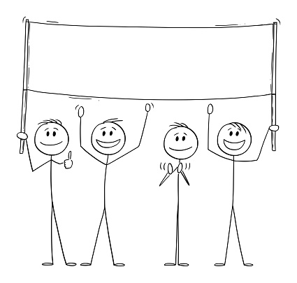 Group of People Holding Empty Sign and Celebrating , Vector Cartoon Stick Figure Illustration