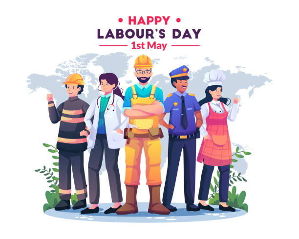a group of people in different professions. construction worker, female doctor, policeman, chef woman, fireman standing together celebrate labour day. flat style vector illustration - labor day 幅插畫檔、美工圖案、卡通及圖標