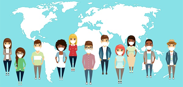 Group of people in medical masks on the background of the world map. Epidemic, coronavirus. In flat style. Cartoon