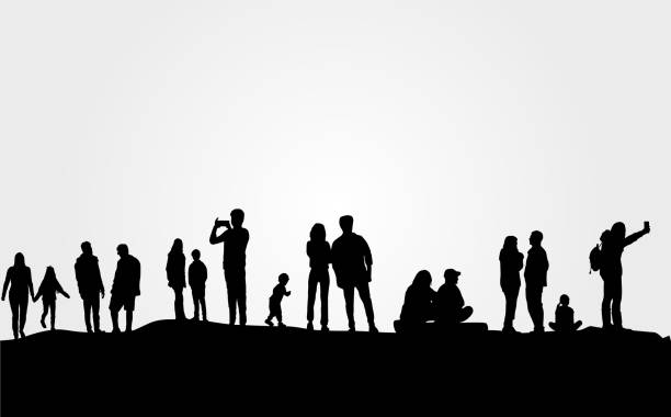 Group of people in nature . Group of people in nature . beach silhouettes stock illustrations