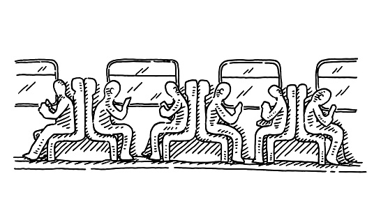 Group Of People In Train Side View Drawing