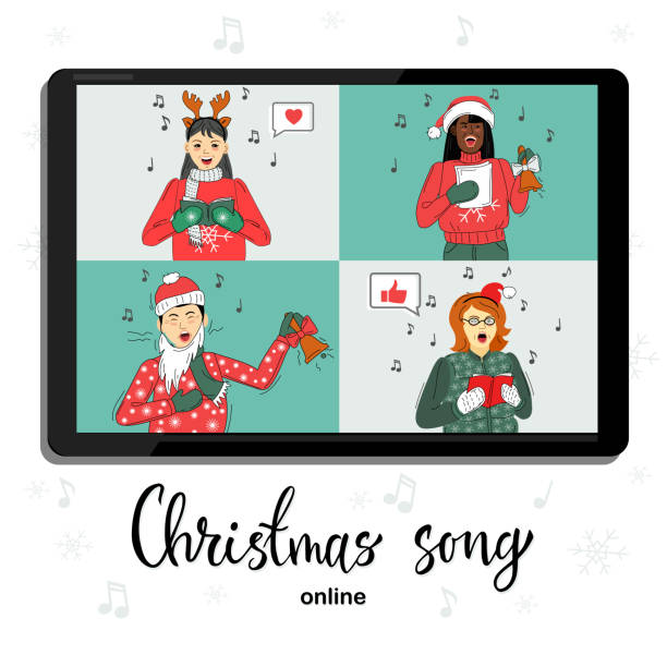 A group of people in winter suits meet online via video conference. They sing Christmas songs. Vector illustration. A group of people in winter suits meet online via video conference. They sing Christmas songs. Vector illustration. christmas music background stock illustrations