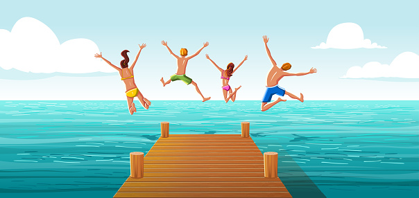 Group of people jumping from wooden pier into the water. Family having fun jumping in the sea water.