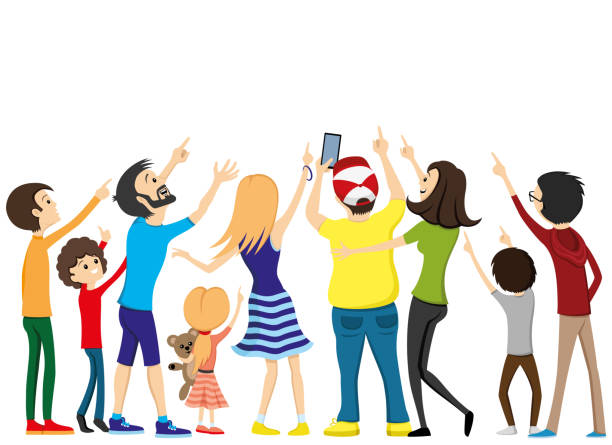 Group of people looking up. Group of people looking up and pointing with a finger. looking up stock illustrations