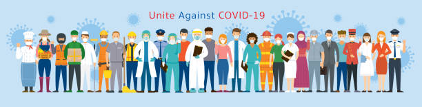 Group of People Multinational Wearing Face Mask United to Prevent Covid-19, Coronavirus Disease covid variant stock illustrations