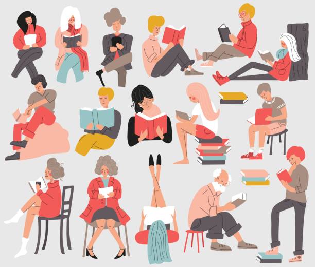 Group of people reading books. Men and women, young and old, sitting, standing and laying down and reading a book. Isolated, flat vector illustration vector art illustration